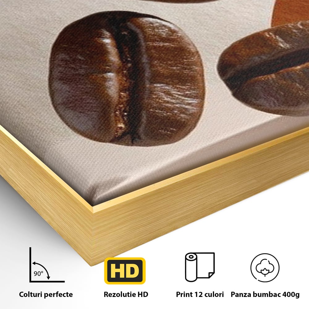 Detaliu al suprafetei: tablou canvas cu boabe de cafea, in rama de aluminiu auriu